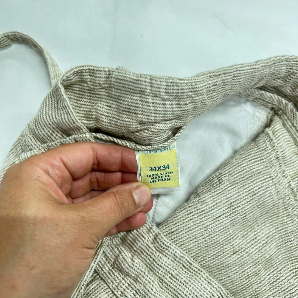 100% Linen Pants Mens 34x34 Drawstring Straight Leg Beige Costal Joseph & Feiss